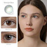 elite midnight blue colored contacts wearing effect comparison of before and after