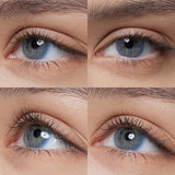 fancy aquamarine blue colored contacts wearing effect drawing from different angle