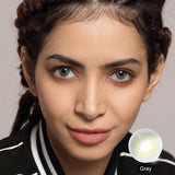 modelwearingcloud gray colored contacts
