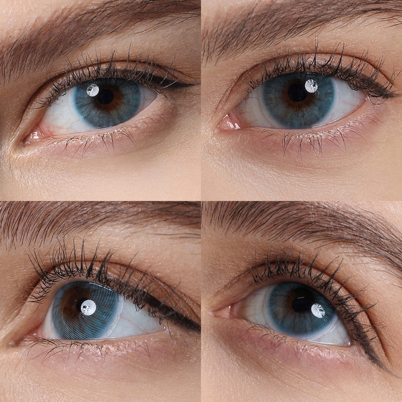 hidrocor azul blue colored contacts wearing effect drawing from different angle