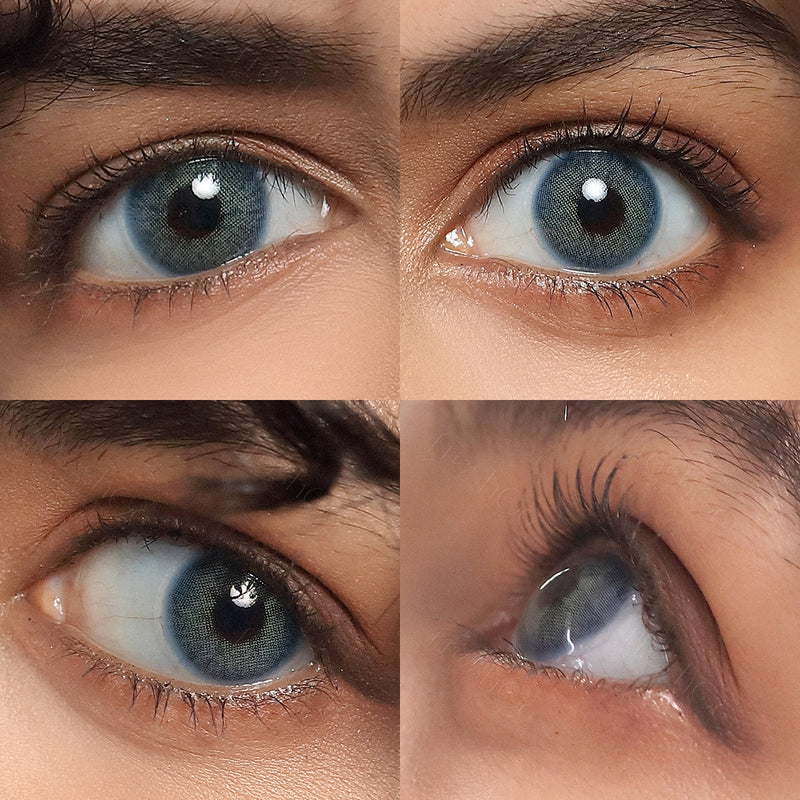 cloud blue colored contacts wearing effect drawing from different angle