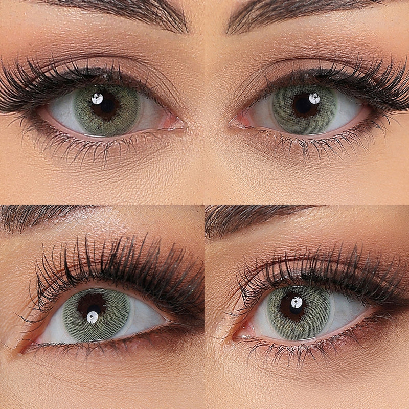 sage green colored contacts wearing effect drawing from different angle