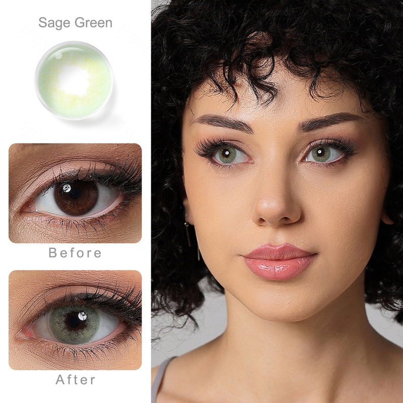sage green colored contacts wearing effect comparison of before and after