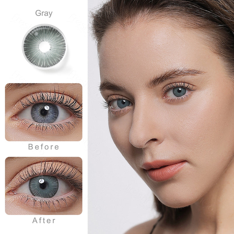 fiesta gray colored contacts wearing effect comparison of before and after