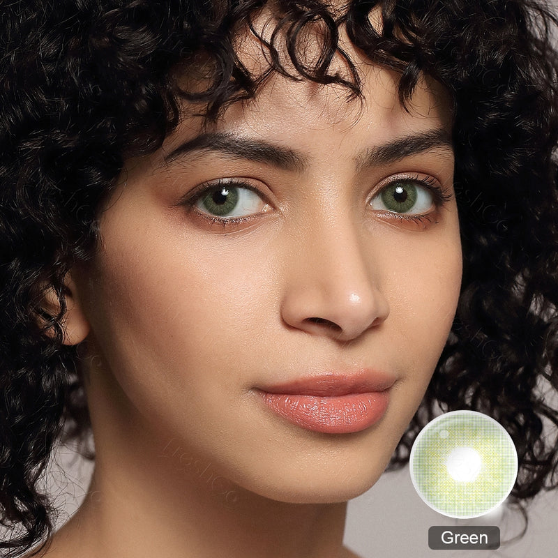model wearing cloud green colored contacts