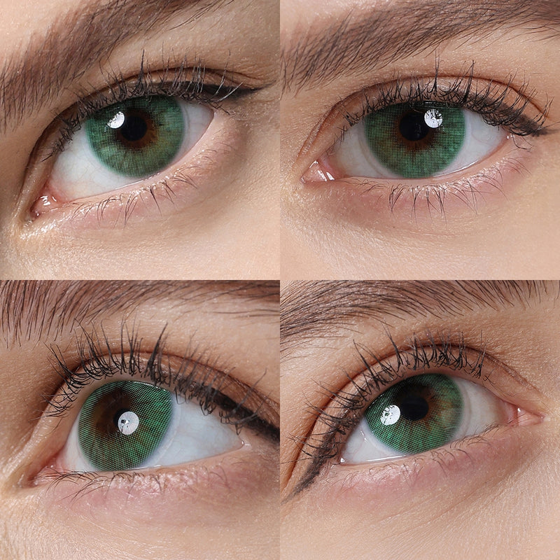 hidrocor verde green colored contacts wearing effect drawing from different angle