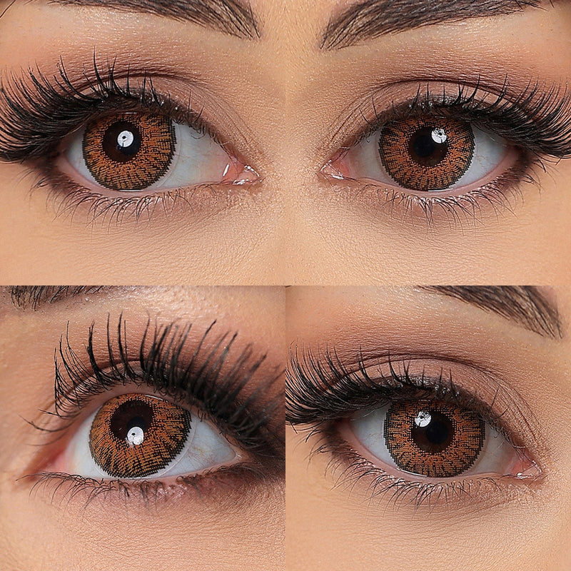 3 tone honey colored contacts wearing effect drawing from different angle