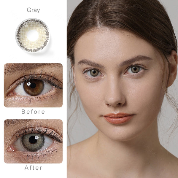 premium gray colored contacts wearing effect comparison of before and after