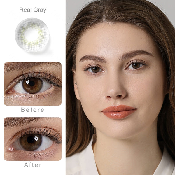 spanish real gray colored contacts wearing effect comparison of before and after
