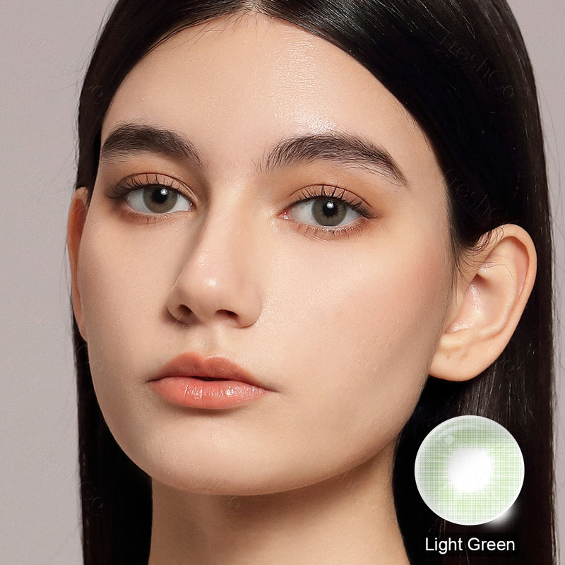 modelwearingcloud light green colored contacts