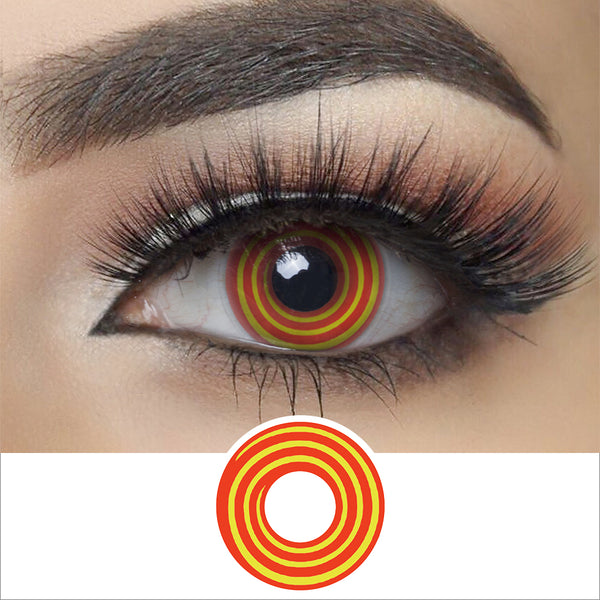 yellow red spiral halloween contacts wearing effect drawing and plan lens