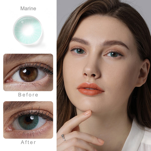 hidrocor marine blue colored contacts wearing effect comparison of before and after