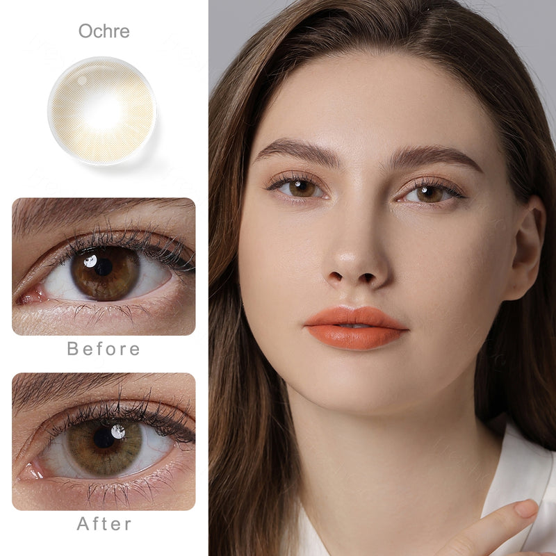 hidrocor ochre brown colored contacts wearing effect comparison of before and after