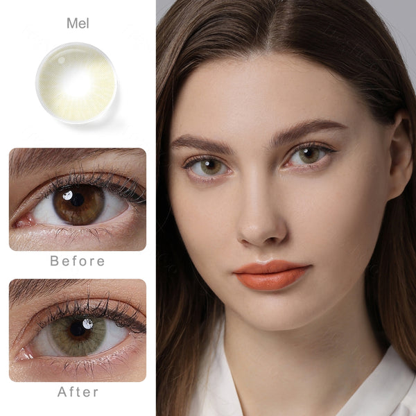 hidrocor mel yellow colored contacts wearing effect comparison of before and after