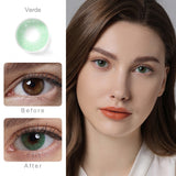 hidrocor verde green colored contacts wearing effect comparison of before and after