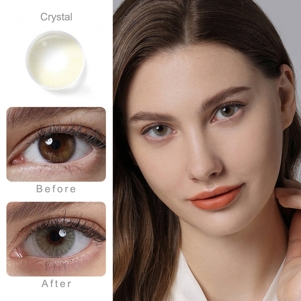hidrocor crystal yellow colored contacts wearing effect comparison of before and after
