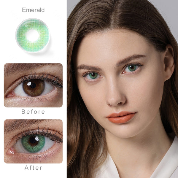 hidrocor emerald green colored contacts wearing effect comparison of before and after