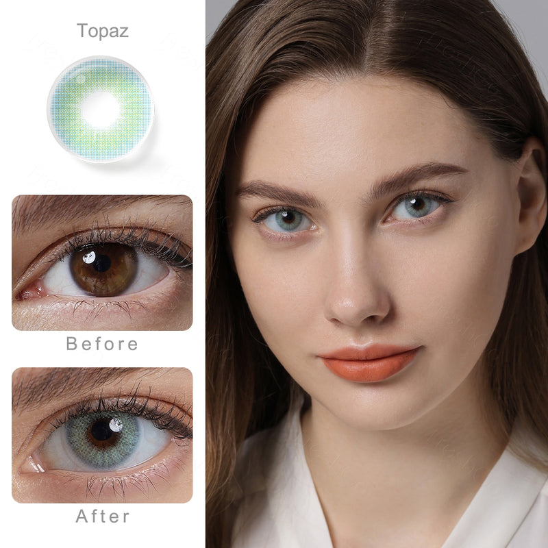 hidrocor topaz blue colored contacts wearing effect comparison of before and after