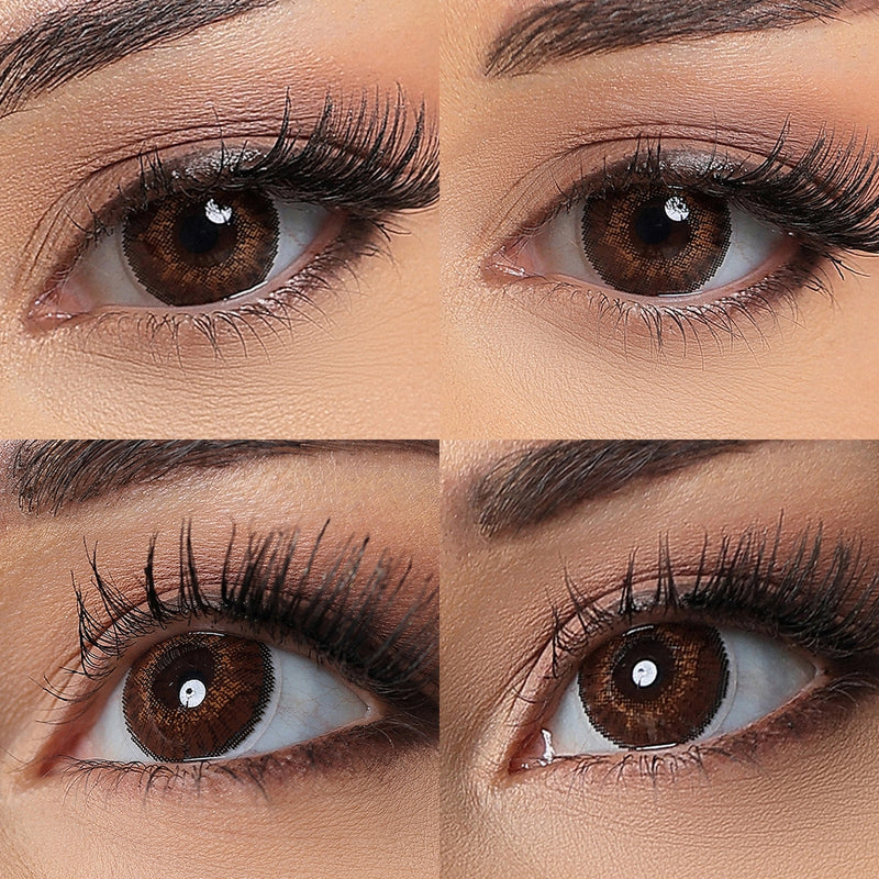 3 tone brown colored contacts wearing effect drawing from different angle