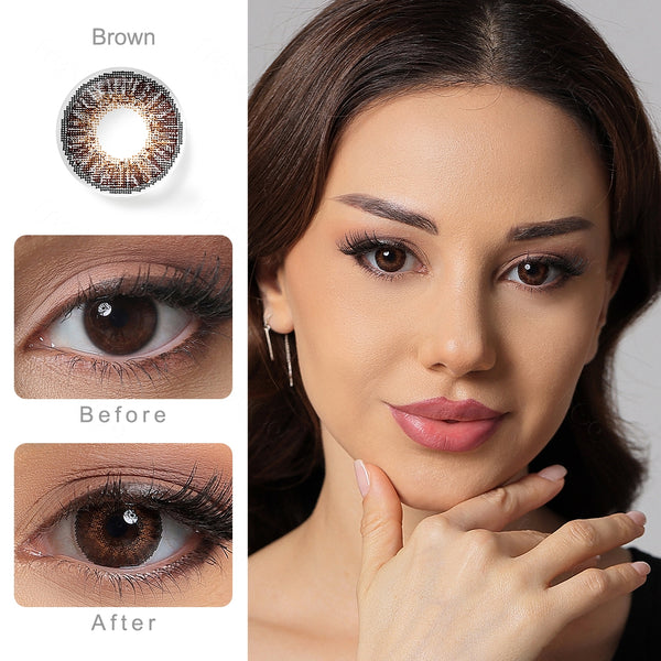 3 tone brown colored contacts wearing effect comparison of before and after