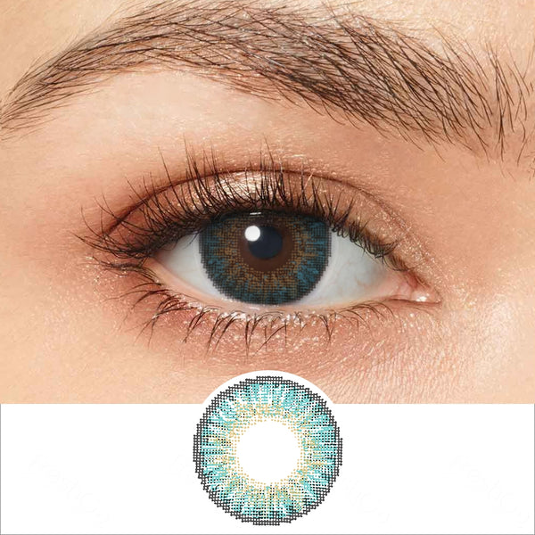 3 tone turquoise colored contacts wearing effect drawing and plan lens