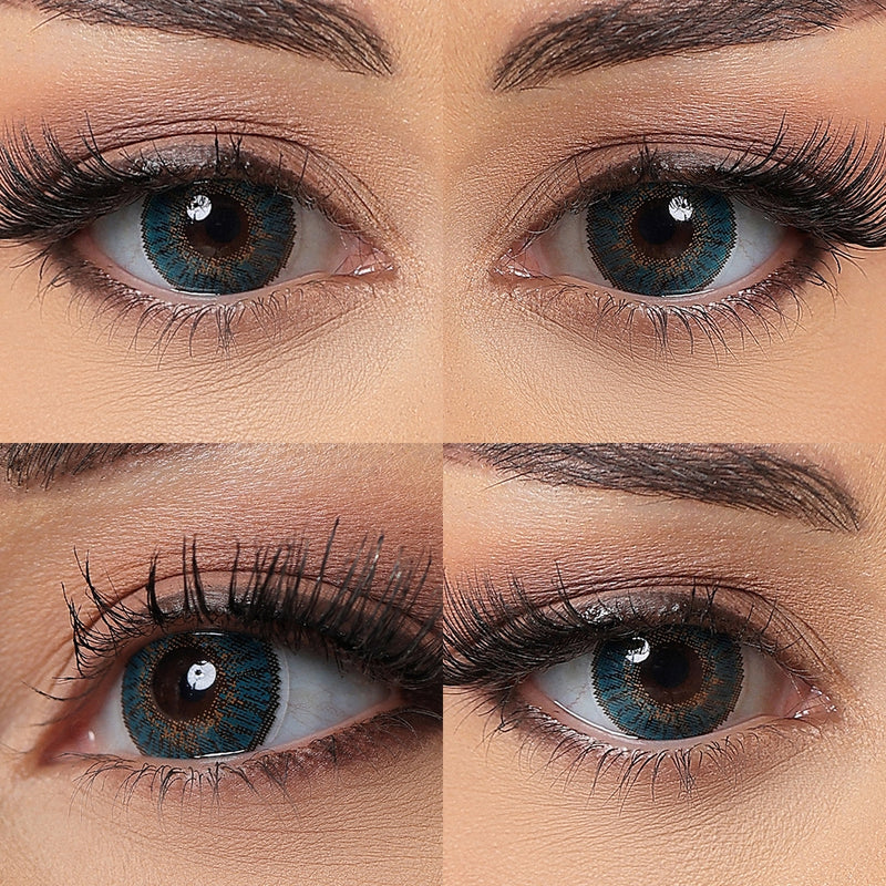 3 tone turquoise colored contacts wearing effect drawing from different angle