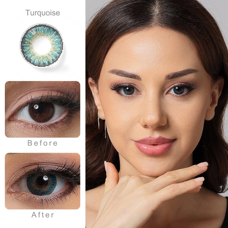 3 tone turquoise colored contacts wearing effect comparison of before and after