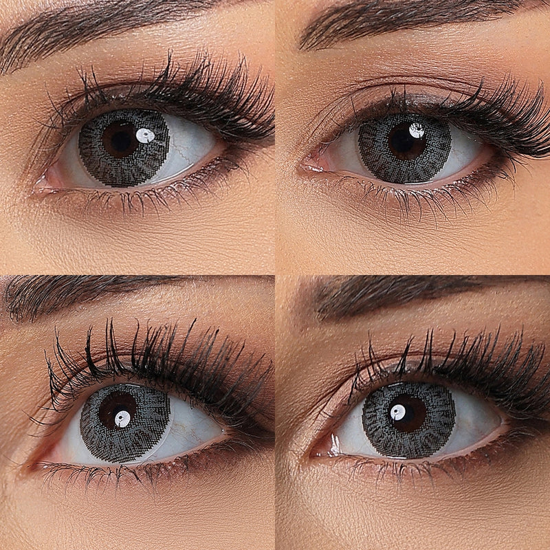 dark brown eyes with grey contacts
