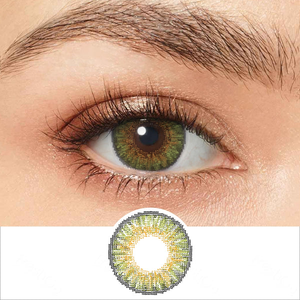 3 tone green colored contacts wearing effect drawing and plan lens