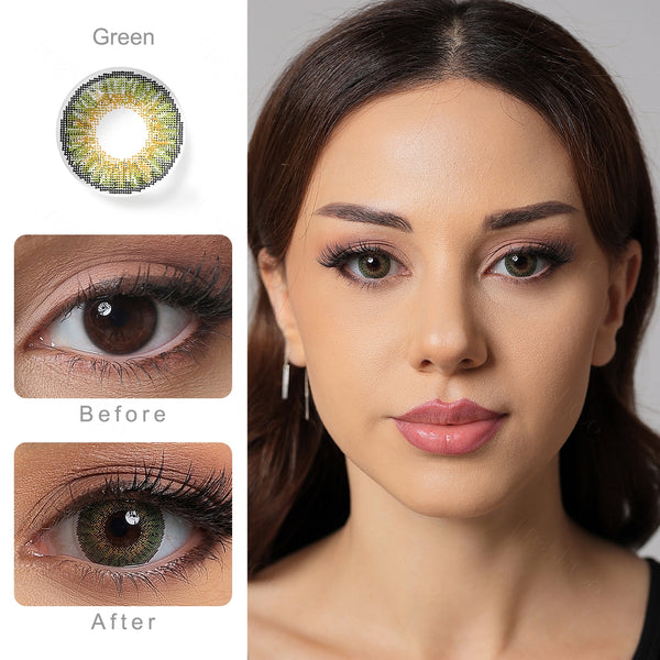 3 tone green colored contacts wearing effect comparison of before and after