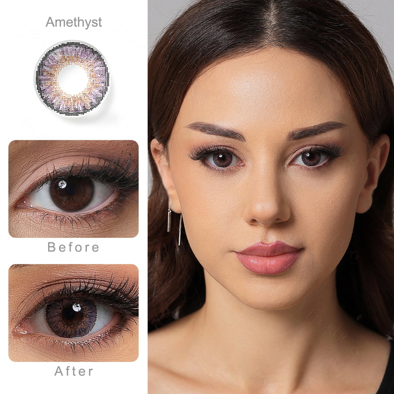 3 tone amethyst colored contacts wearing effect comparison of before and after