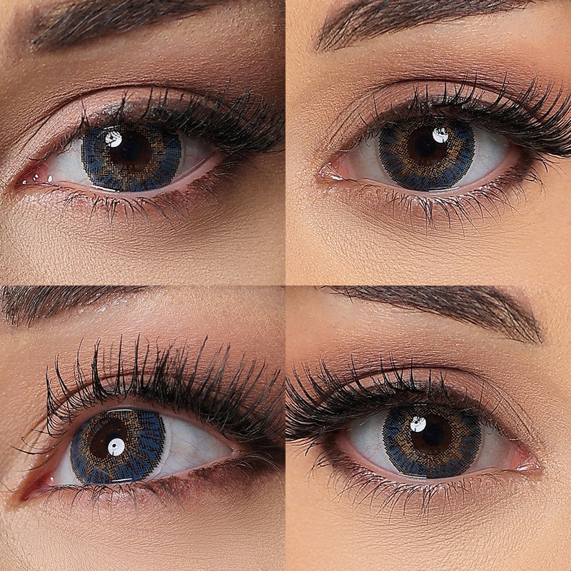 3 tone blue colored contacts wearing effect drawing from different angle