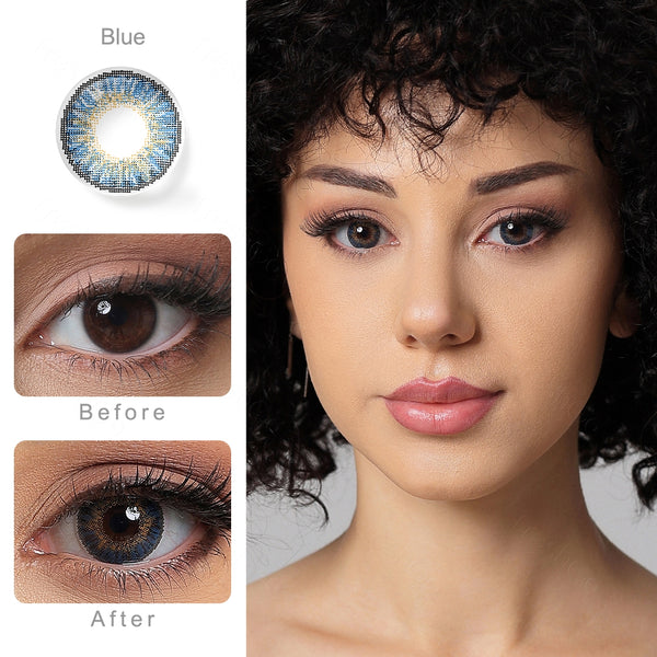 3 tone blue colored contacts wearing effect comparison of before and after