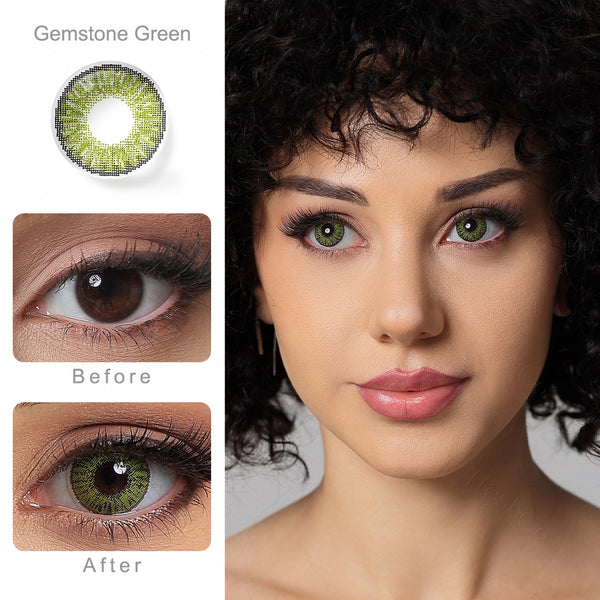 3 tone gemstone green colored contacts wearing effect comparison of before and after