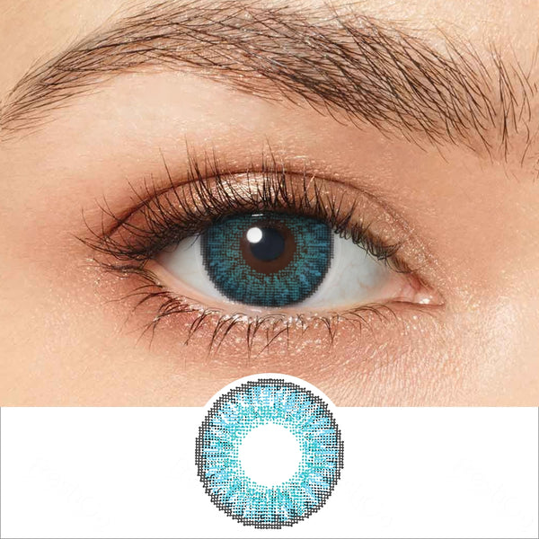 3 tone brilliant blue colored contacts wearing effect drawing and plan lens