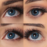 3 tone brilliant blue colored contacts wearing effect drawing from different angle