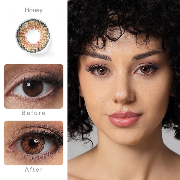 3 tone honey colored contacts wearing effect comparison of before and after