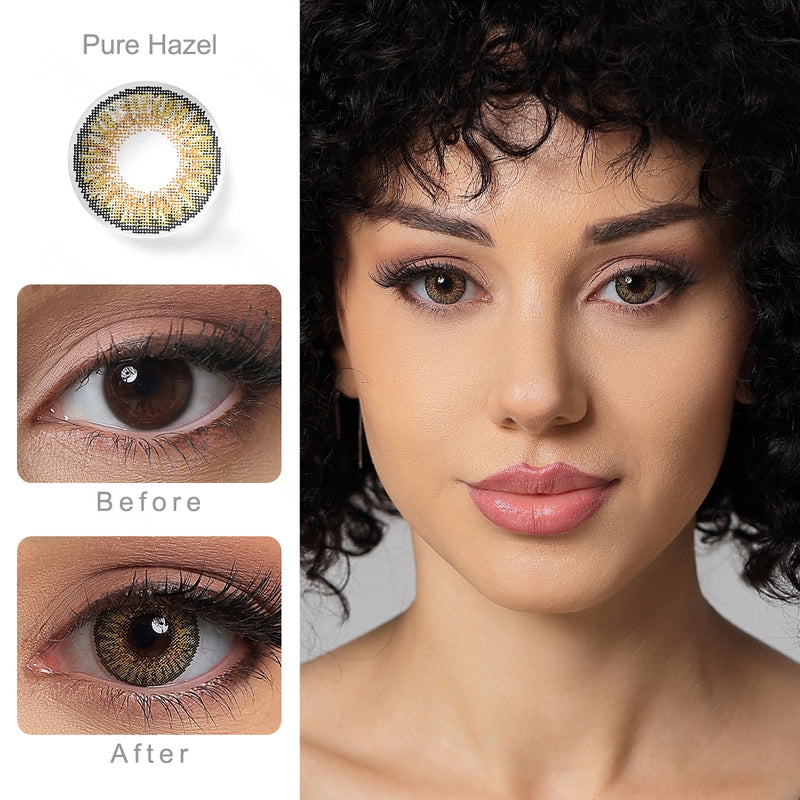 3 tone pure hazel colored contacts wearing effect comparison of before and after