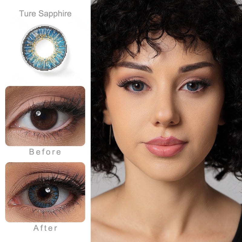 3 tone true sapphire colored contacts wearing effect comparison of before and after