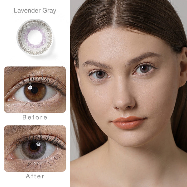 elite lavender gray colored contacts wearing effect comparison of before and after