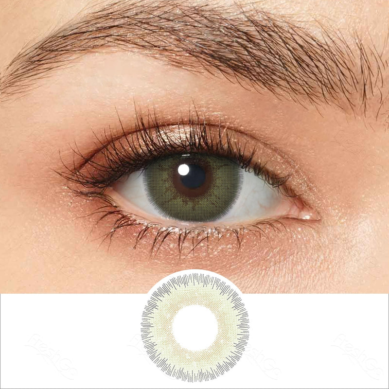 elite sandy green colored contacts wearing effect drawing and plan lens