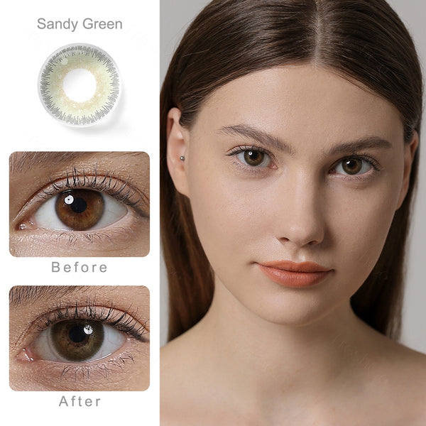 elite sandy green colored contacts wearing effect comparison of before and after