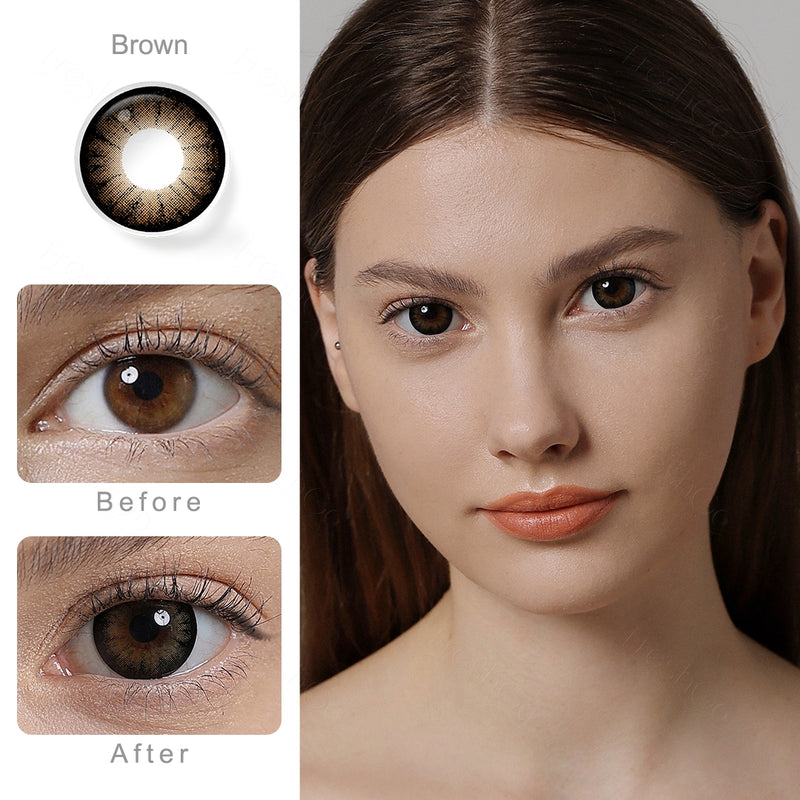 glass ball chocolate brown colored contacts wearing effect comparison of before and after