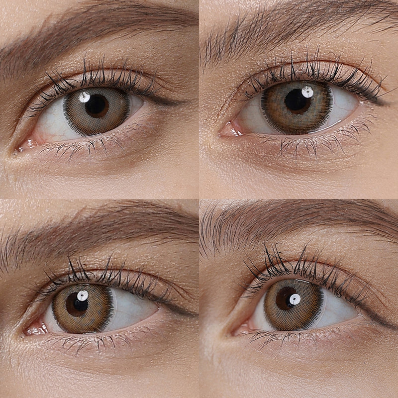 premium caramel brown colored contacts wearing effect drawing from different angle
