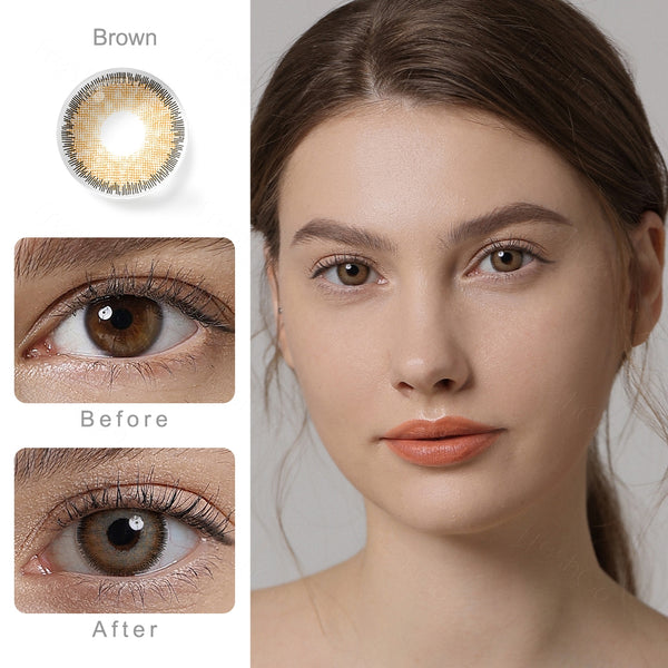 premium caramel brown colored contacts wearing effect comparison of before and after