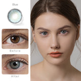 premium blue colored contacts wearing effect comparison of before and after