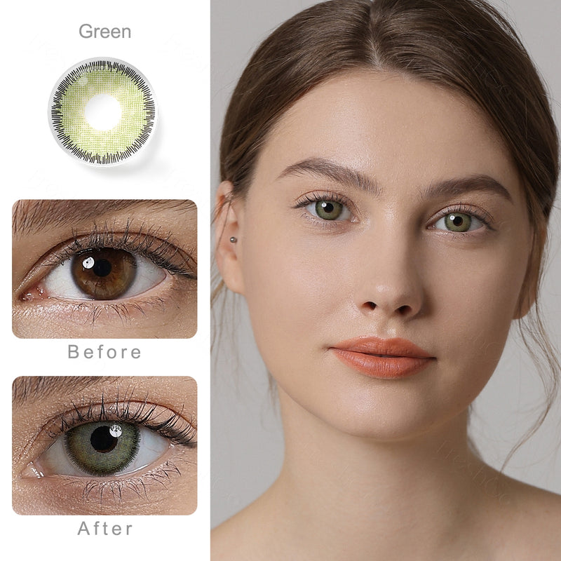 premium green colored contacts wearing effect comparison of before and after