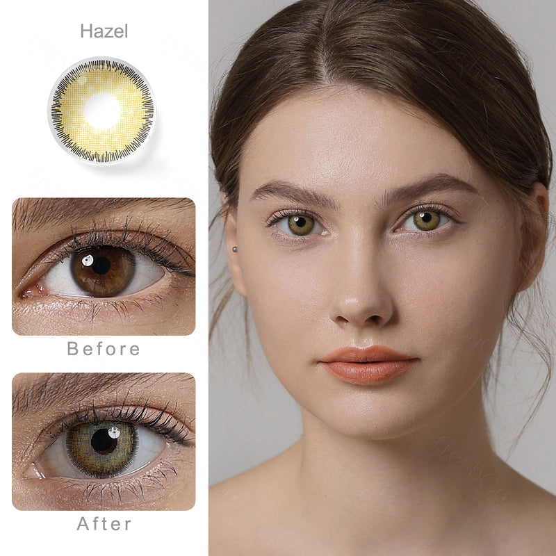 premium hazel colored contacts wearing effect comparison of before and after
