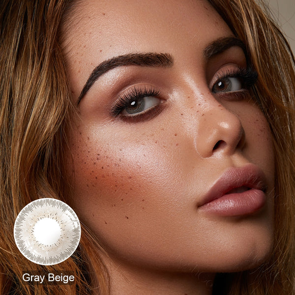 modelwearingbellalens gray beige colored contacts