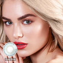 modelwearingbellalens gray blue colored contacts